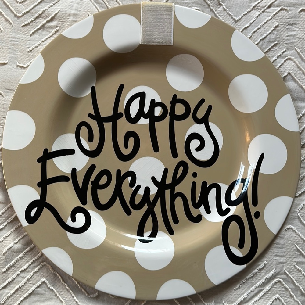 Happy Everything tan and white polka dot large round platter by Coton Colors